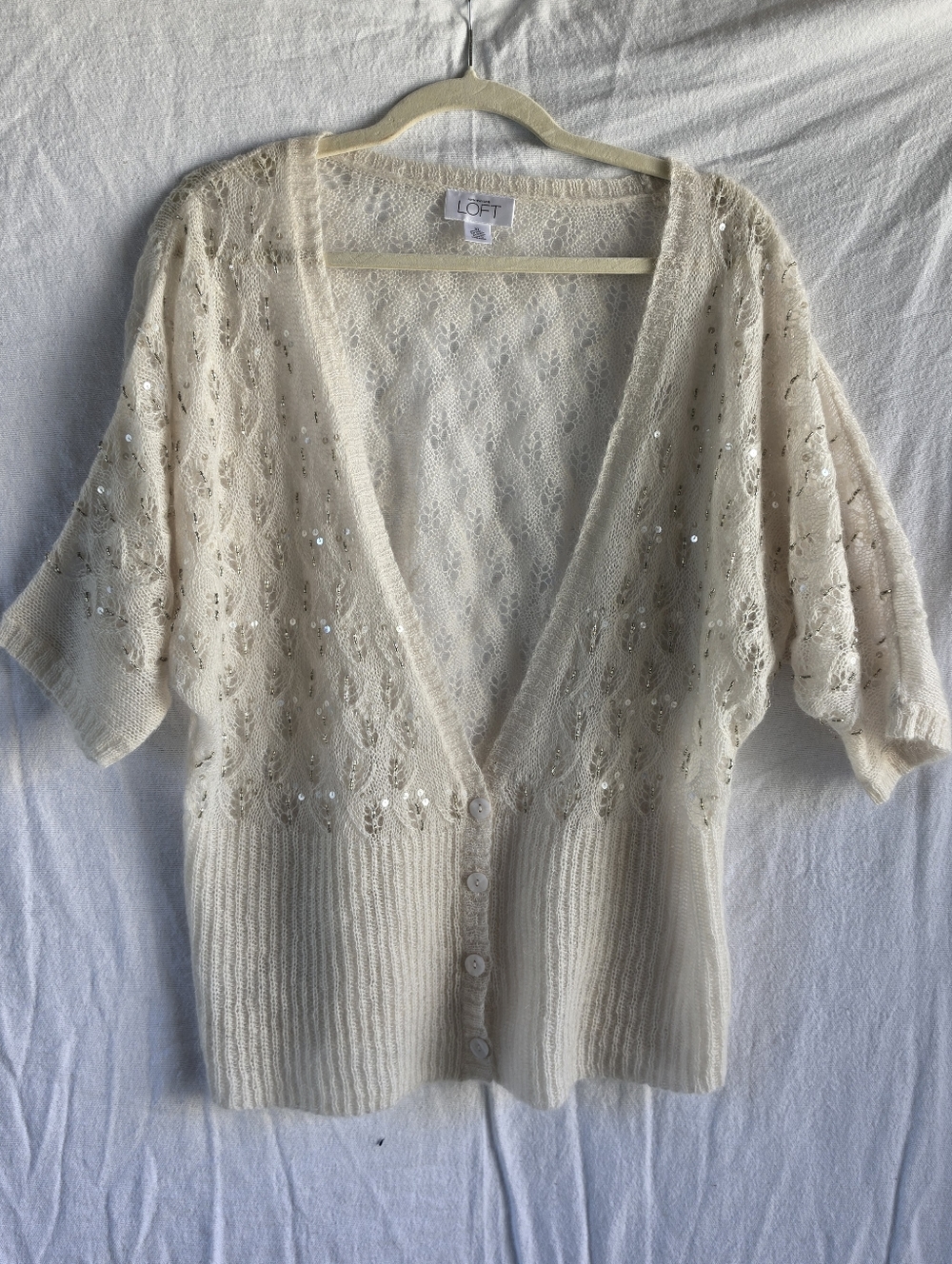 Ann Taylor LOFT Open Knit Mohair Wool Top Ivory Beaded Sequin Balletcore Size XL